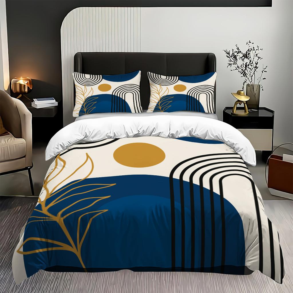 Explosive Bed Three-Piece Set Geometric Lines And Leaves Digital Printing Quilt Cover Home Textile 3-Piece Set