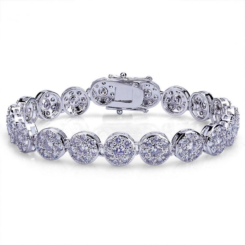 10mm Luxury HipHop Round Diamond Tennis Bracelet Brass Gold Plated Full Zircon Link Chain Bracelet Women Men Jewelry Accessories 178mm(7inch) серебряный