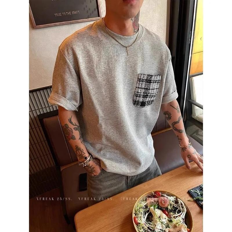 

Men Black Plaid Pocket Crew Neck Short Sleeve Oversized T Shirt M серый