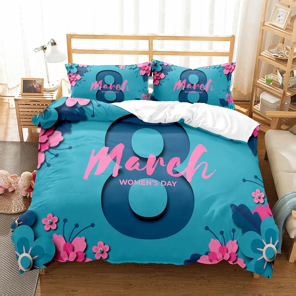 Comforter Romantic Floral Happy Women'S Day Bedding Set Polyester March 8 Comforter Single King Size For Mother Gift