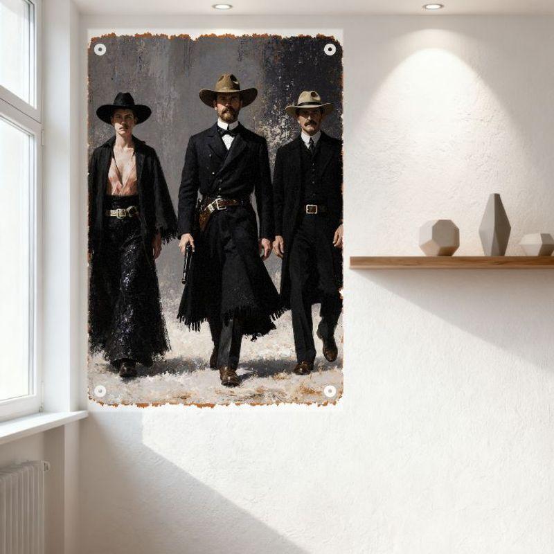 Vintage Western Three Men Walk Tin Sign, Rustic Textured Historical Art Wall Plaque for Man Cave Bar Home Decor