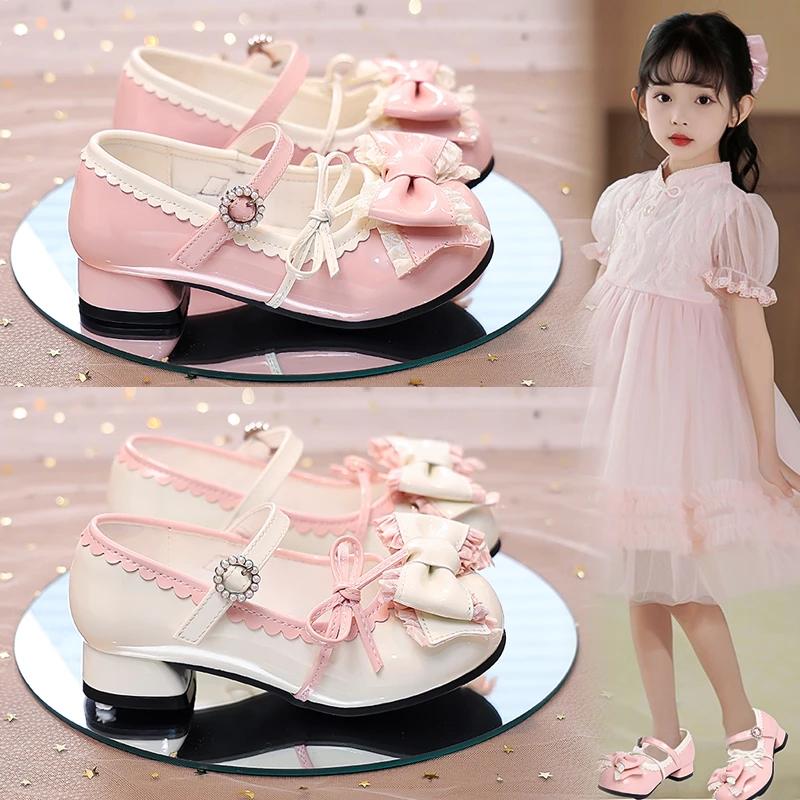 Girls High Heeled Dress Shoes Princess Chic with Double Bow-knot Kids Princess Wedding Party High Heels Fashion Leather Shoes