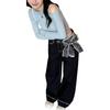 Korean Style High-Waisted Embroidered Jeans with Silk Scarf Bow - Women's Retro Straight Loose Wide-Leg Pants