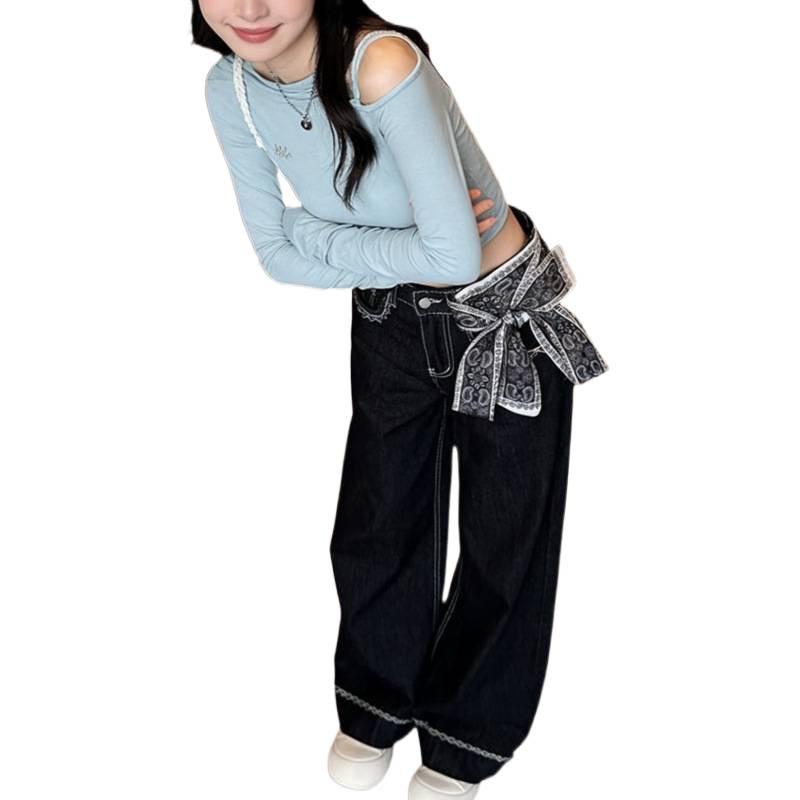 Korean Style High-Waisted Embroidered Jeans with Silk Scarf Bow - Women's Retro Straight Loose Wide-Leg Pants