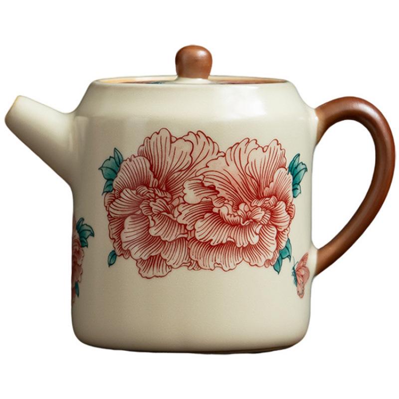 Retro Peony Flower Ceramic Teapot: Anti-Scald Design, Straight Body, Kung Fu Tea Set