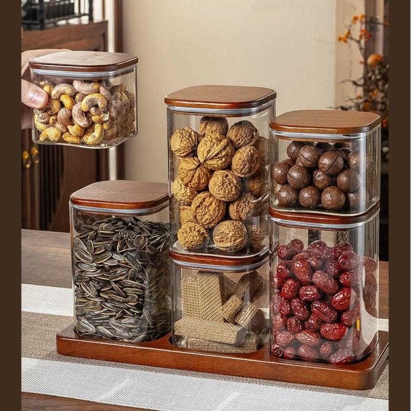 Quality Glass Sealed Canister Kitchen Food Storage Bottles with Walnut wood Lid Jars Grains Tea Leaf Coffee Beans Candy Jar