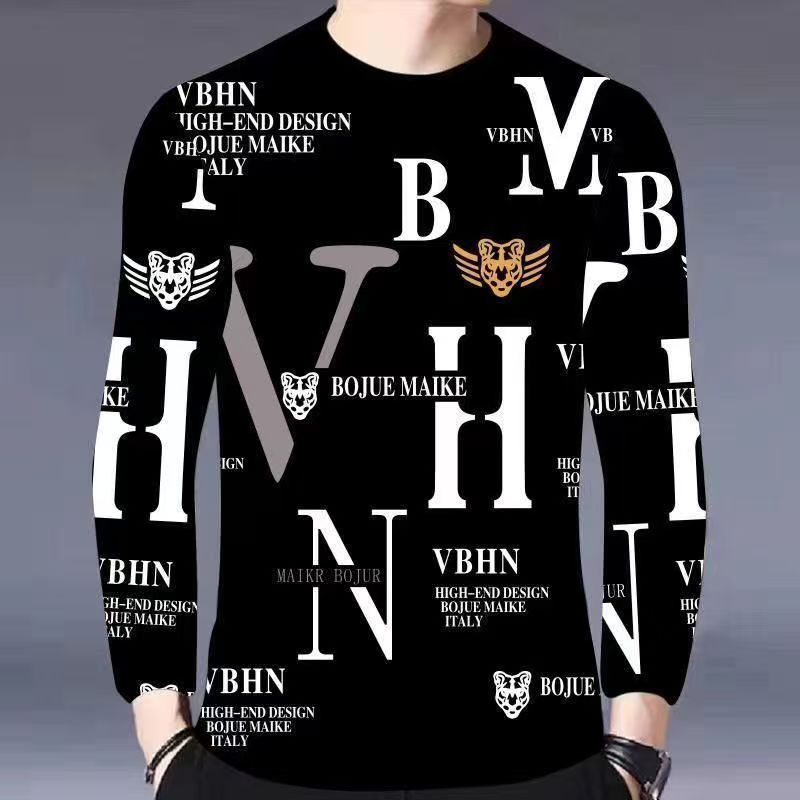 3D Letter Pattern Printed Fashionable Casual Long Sleeved Men's T-shirts - Soft Medium Stretch Polyester Fabric Spring and Autumn Relaxed Fit Clothing