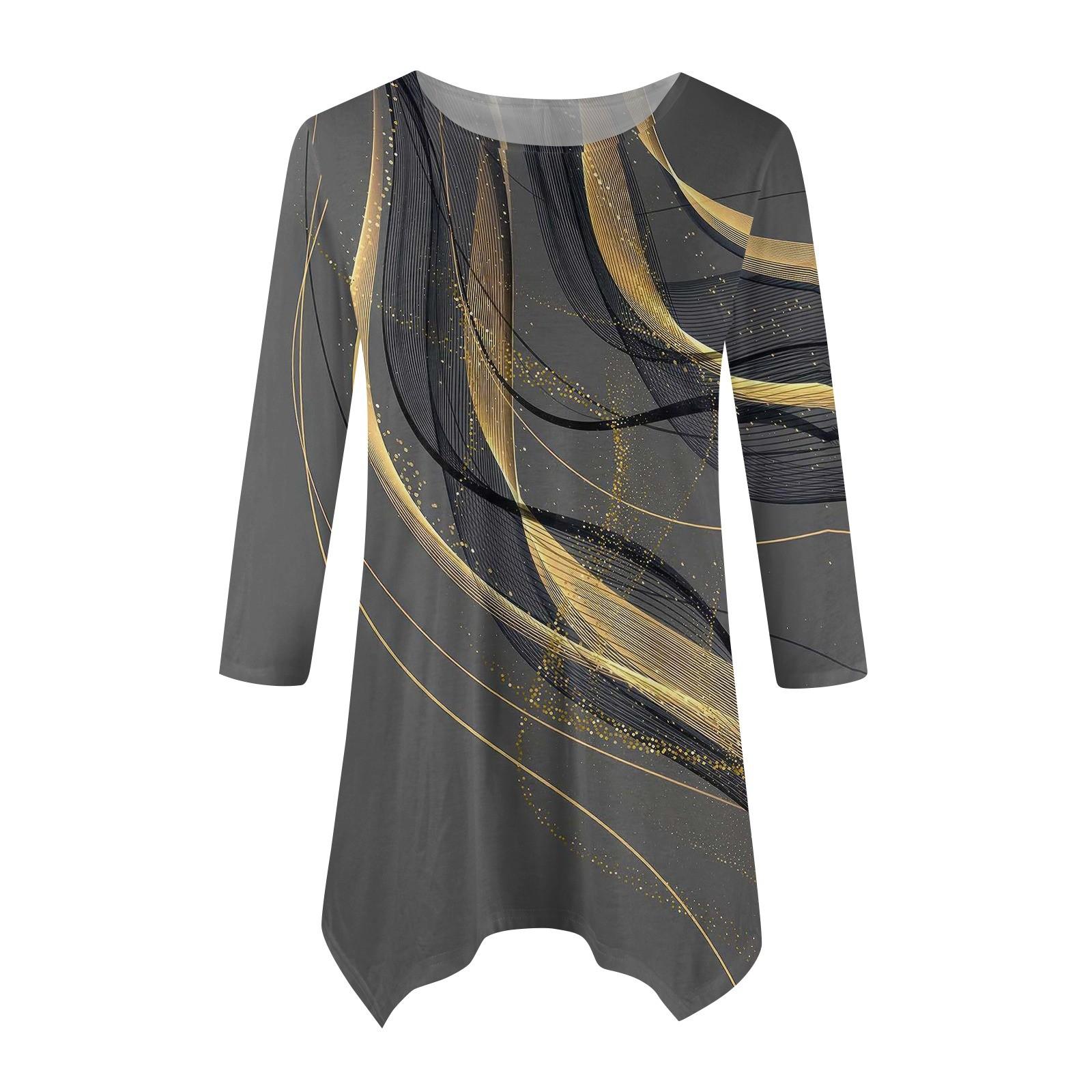 

Женская мода повседневная рубашка с круглым вырезом, контрастным принтом и рукавом-семью, свободная удобная рубашка на талии XL жёлтый