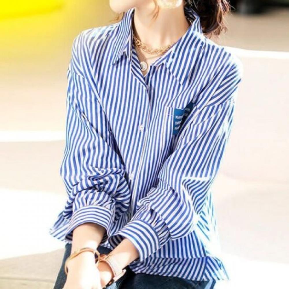 Navava Women Stripe Label Pocket Long Sleeve Shirt Nb2926
