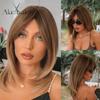 ALAN EATON Medium Length Brown Layered Synthetic Wig Ombre Straight Wigs with Bangs for Women Daily Use Soft Heat Resistant Hair