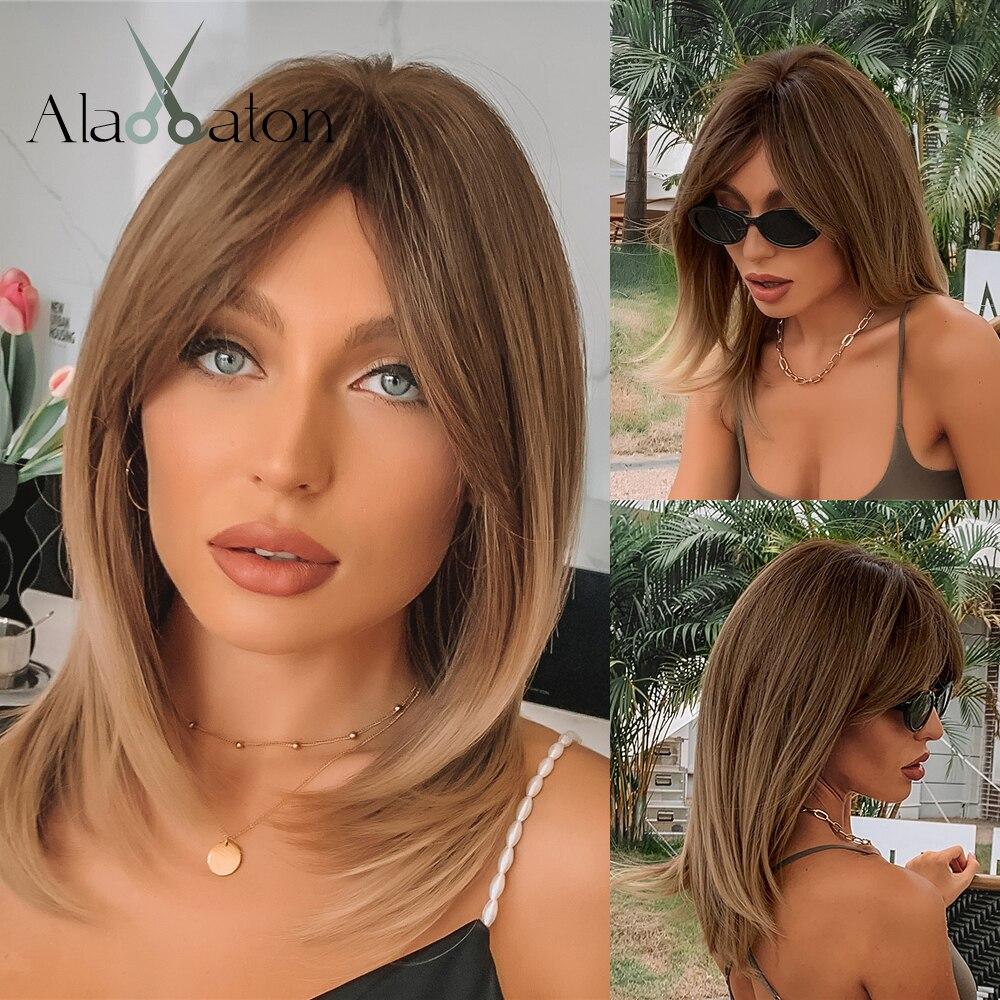 ALAN EATON Medium Length Brown Layered Synthetic Wig Ombre Straight Wigs with Bangs for Women Daily Use Soft Heat Resistant Hair