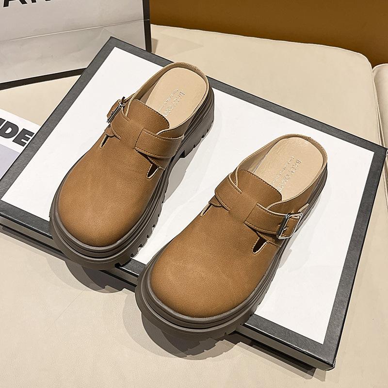 British Style Single Shoes Women's Popular Spring New Bag Head Half Slippers Women's Platform Belt Buckle Fashion Casual Women's Shoes