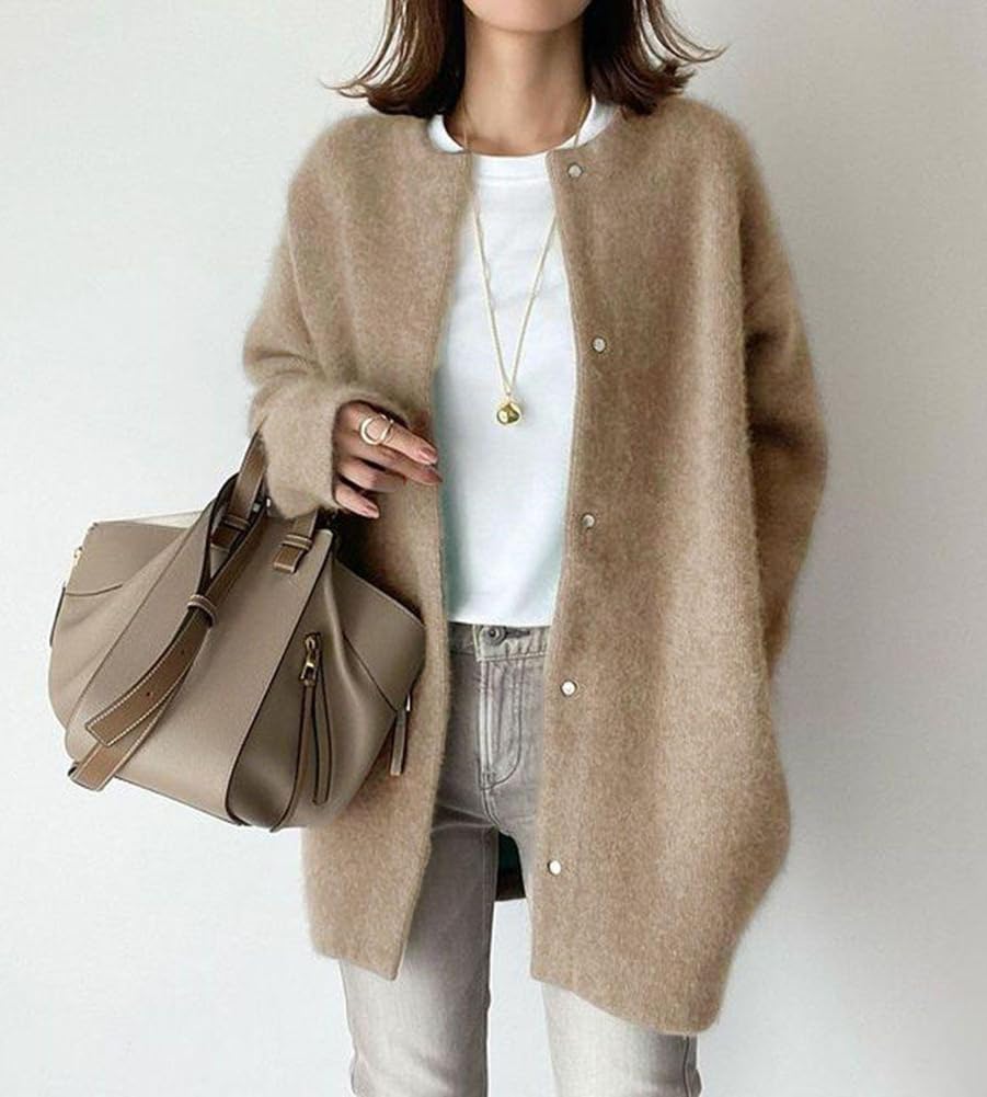 JudyRose Knit Collarless Loose and Covers the Solid One Women's Cardigan, Outerwear, Fit, Flattering, Buttocks, Color, Fall/Winter/Spring (JP,