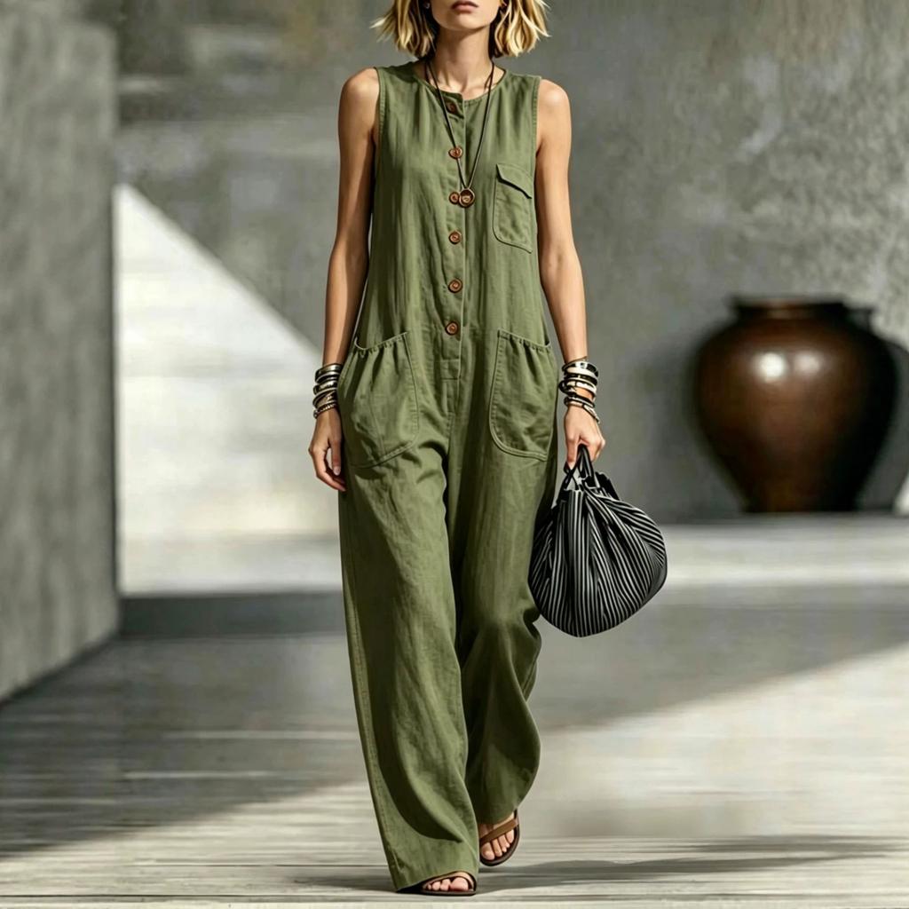 2026 summer new European and American creative pocket fashion casual wide-leg women's jumpsuit