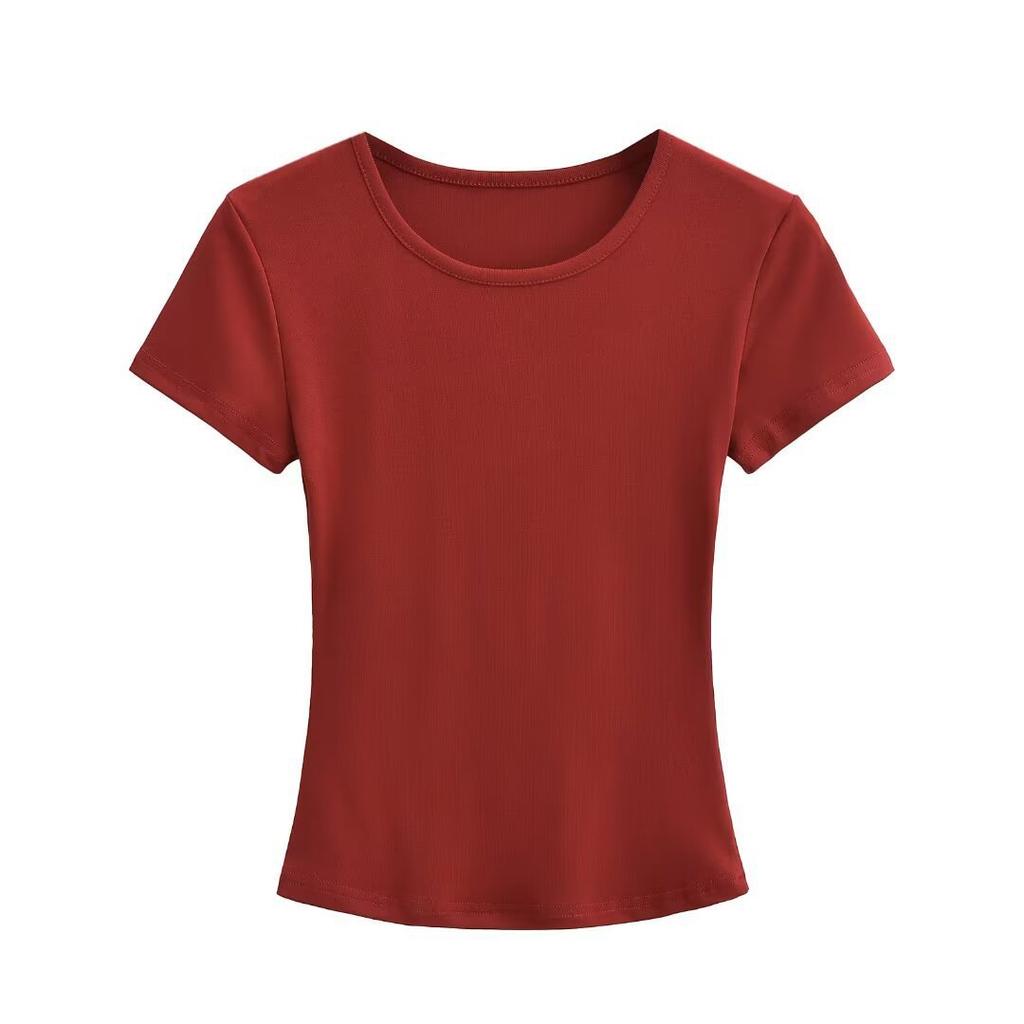 Summer new women's slim-fit round neck short-sleeved T-shirt net face basic Spice Girl hourglass waist slim-fit belt top