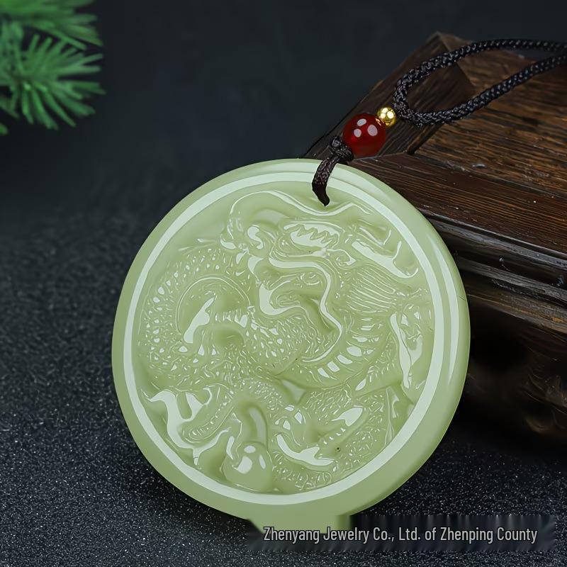Dragon & Phoenix Imitation Hetian Jade Pendant Necklace - Green Jade Auspicious Design for Couples