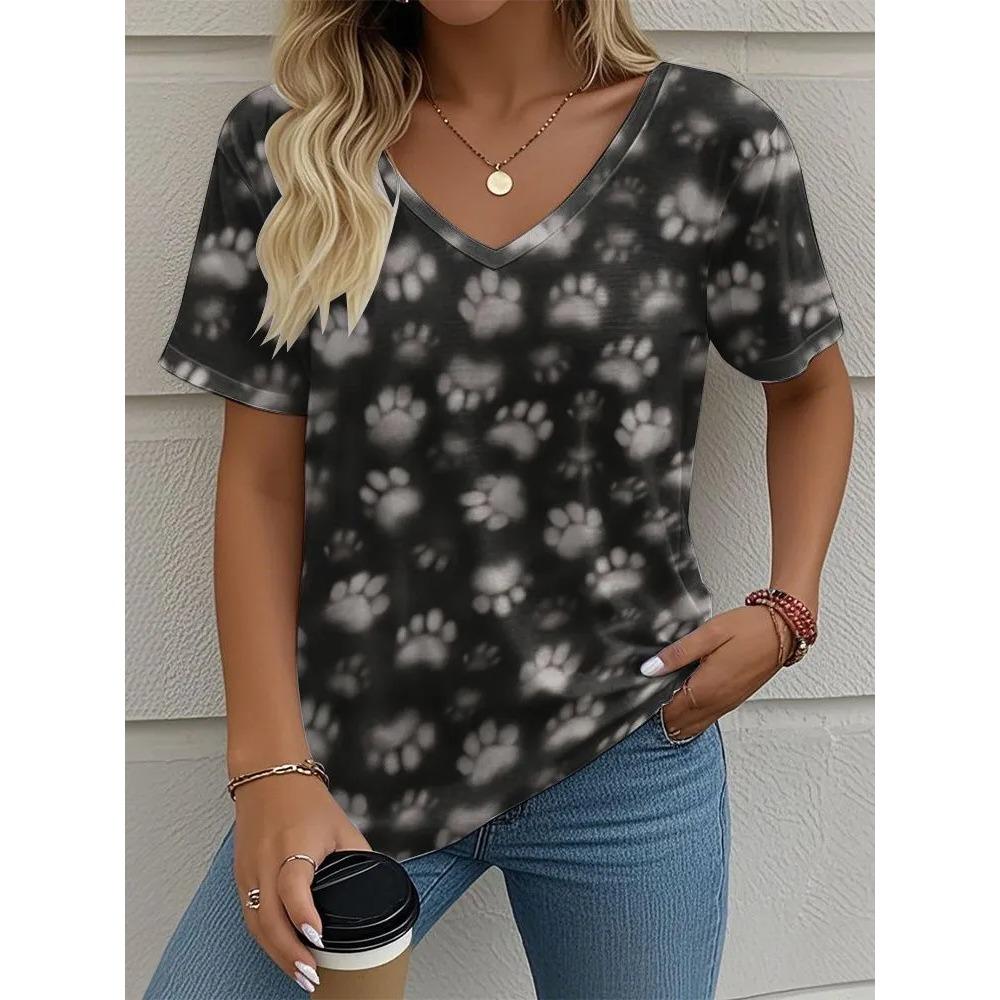 Summer V-neck 3D Cat Paw Pattern Printed Top Fashionable Casual Short Sleeved Women's T-shirts