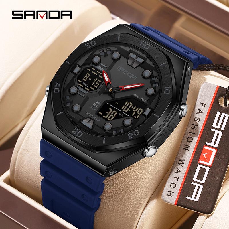 Sanda Men's Trendy Dual Display Casual Watch - Waterproof, Luminous, Octagonal Design with Countdown & Snooze Functions.