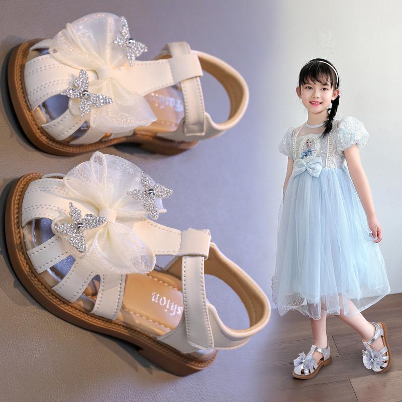 Girls Closed Toe Soft Sole Sandals, Summer Crystal Bow Princess Beach Shoes for Middle and Big Kids