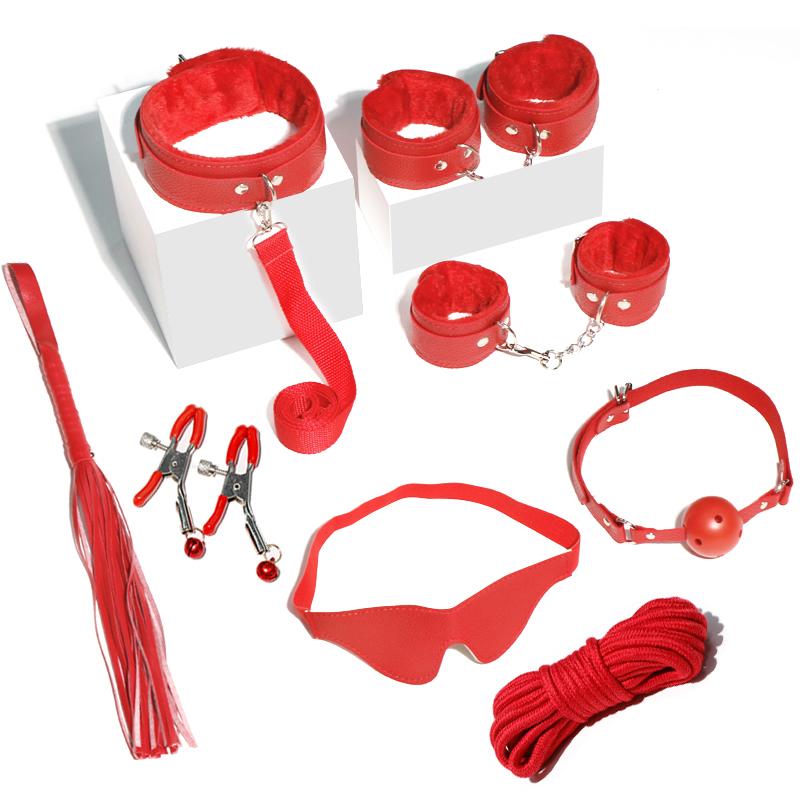 8pcs SM Sex Toy Set, Couple Sex Toys, Collars and Leashes, Handcuffs, Ankle Cuffs, Whips, Mouth Balls, Eye Masks, 10 Meter Rope, Nipple Clip Props