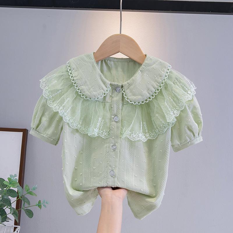 

Девочка Принцесса Кружевной Топ Рубашка Короткий Рукав Лето Новый Детский Рукав-фонарик Кукольная Рубашка 170