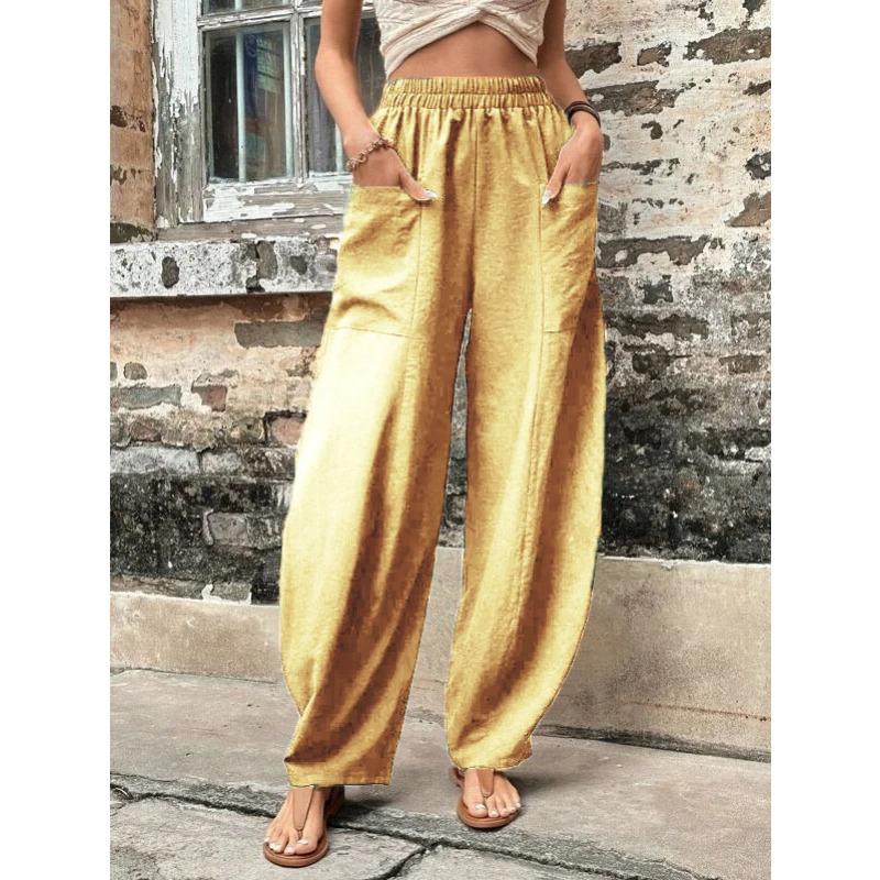 

Популярные женские однотонные повседневные эластичные брюки с карманами 5XL светло-желтого