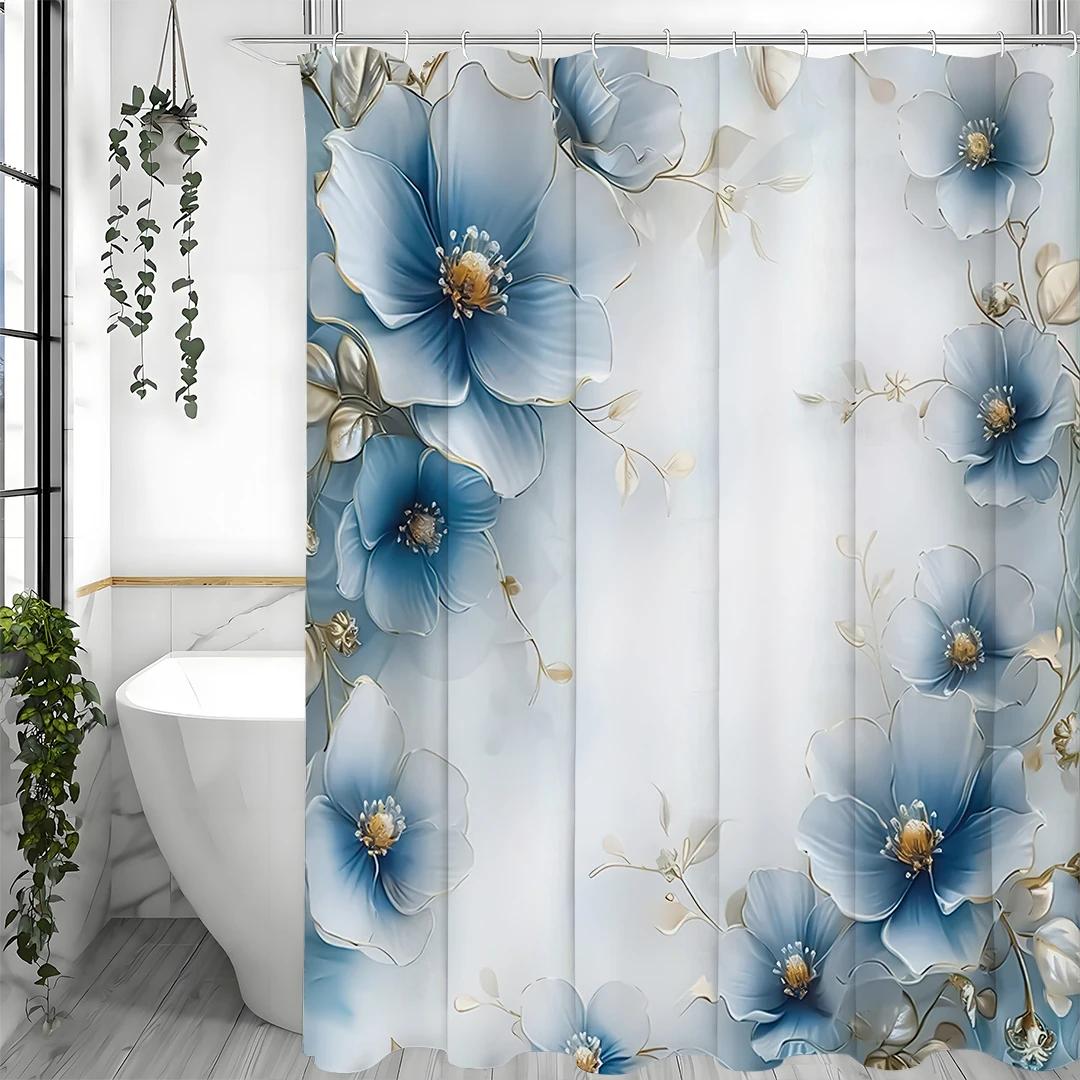 

Blue Embossed Floral Shower Curtain, Bathroom Decorative Shower Curtain, Waterproof Shower Curtain With Hooks W60H190(CM)-1 Pcs