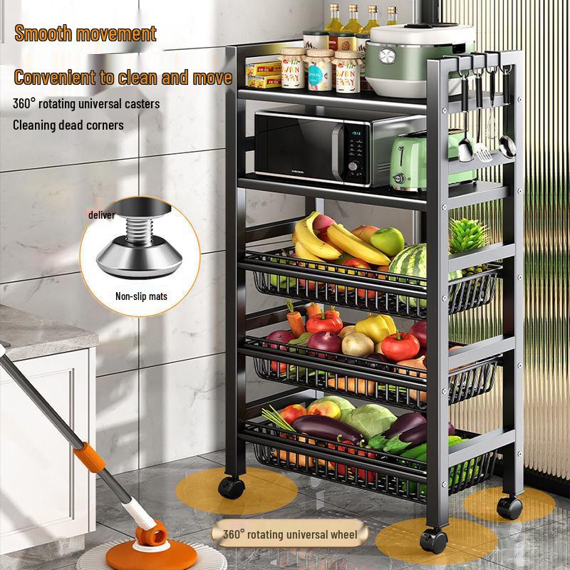 Multi-Layer Kitchen Rack: Extra Thick Microwave, Fruit & Veggie Storage with Wire Baskets & Rollers