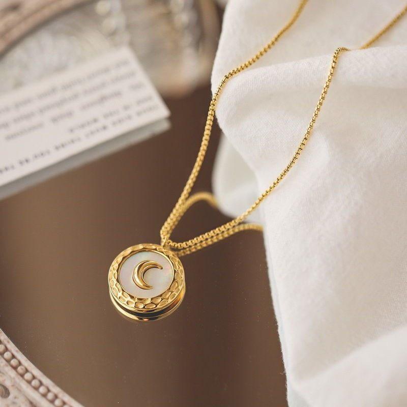 Women's Crescent Moon Necklace - White Shell, French Fashion, Titanium Steel, Retro Style, Water-Resistant.