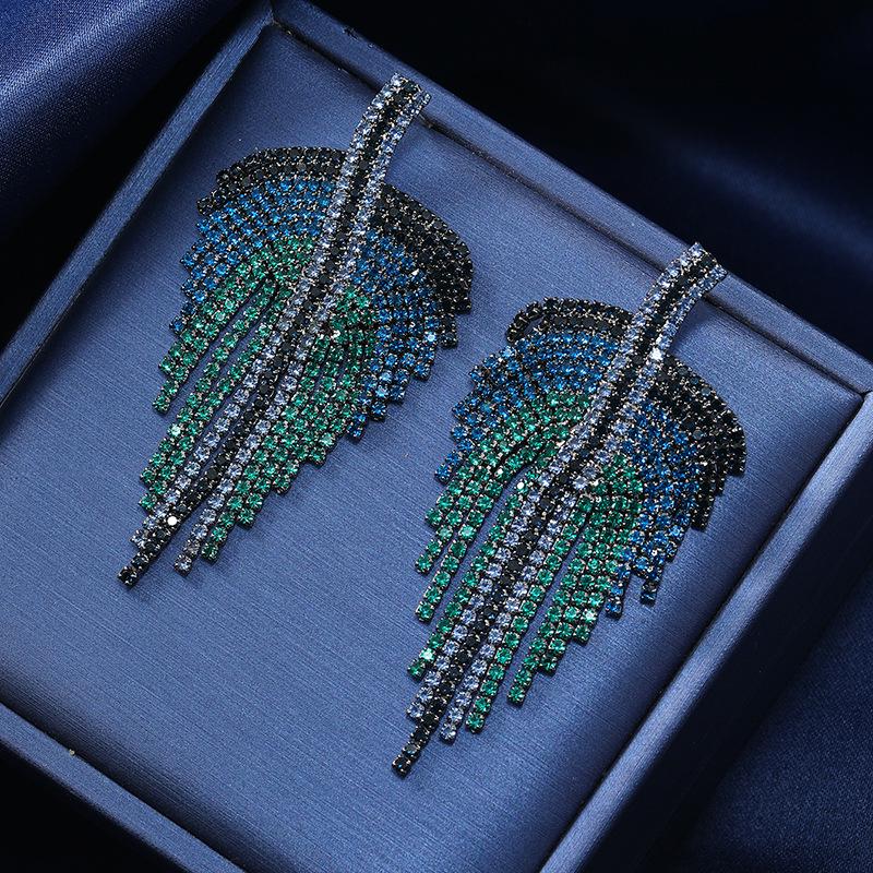 High-End Geometric Leaf Tassel Earrings with Colorful Diamond Inlays