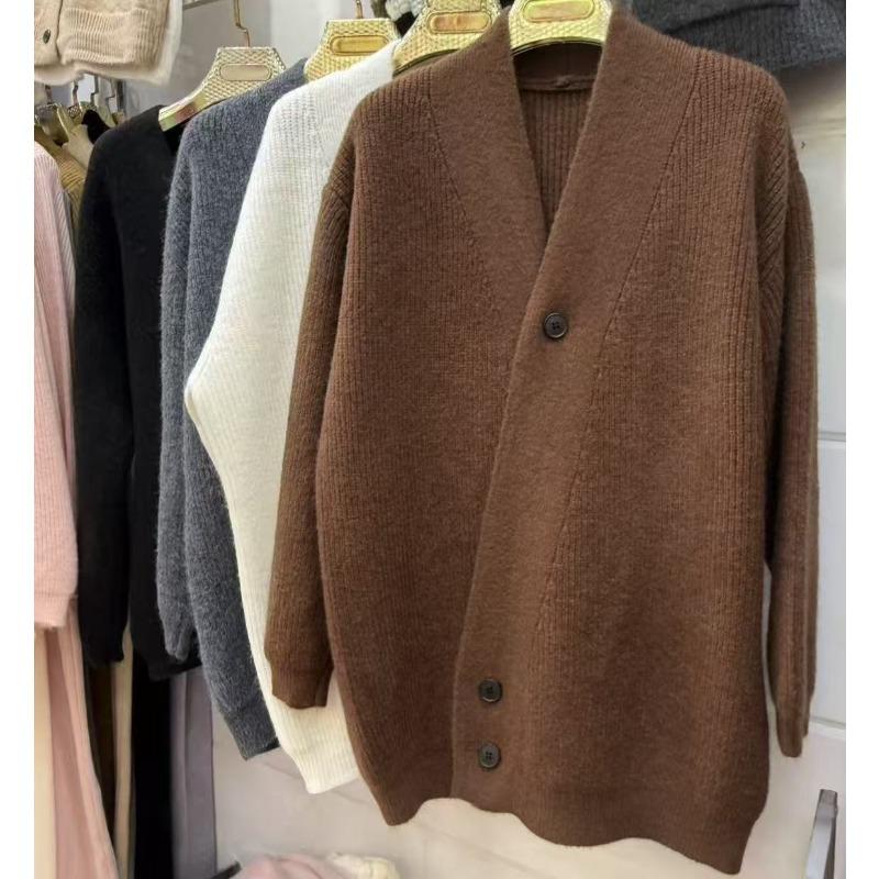 Autumn and winter new lazy loose V-neck knitted cardigan men's and women's versatile simple diagonal button sweater jacket