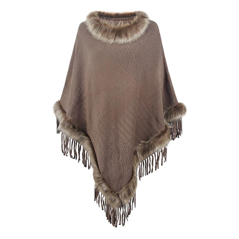 

Mao Mao Yu Women s Solid Color Tassel Cape: 2026 Autumn/Winter European & American Loose Knit Pullover Shawl One Size темного кольору хакі