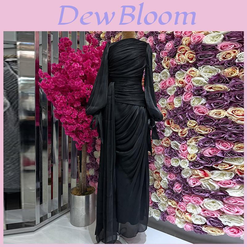 Polyester Pleated Dress With Long Sleeves For Elegant Women Spring