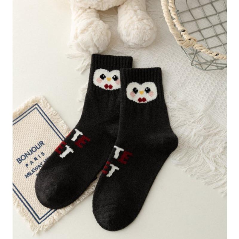 Autumn and Winter Socks, Women's Double-sided Fleece Little Penguin Women's Socks, Cute Cartoon Warm Home Warm Floor Socks, Sleep Socks
