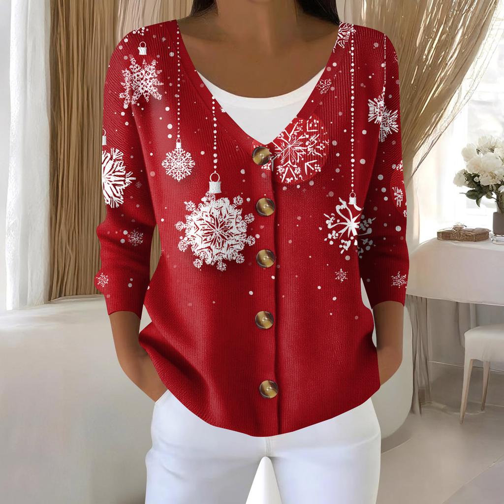 Women's Fashion Long Sleeve Christmas Snowman Snowflake Print Jacket Cardigan