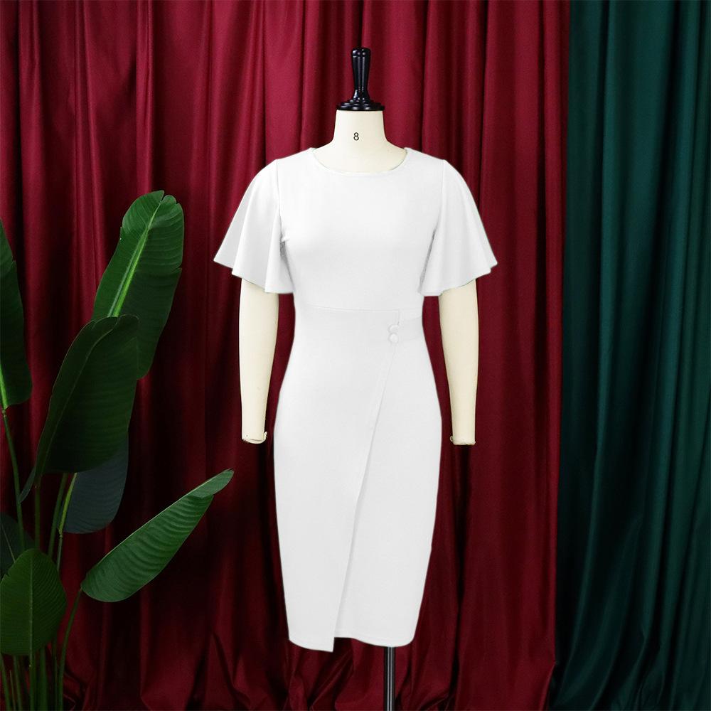 Spring and Summer Large Size Solid Color High Waist Temperament Commuter Ruffle Sleeve Package Hip Long Dresses