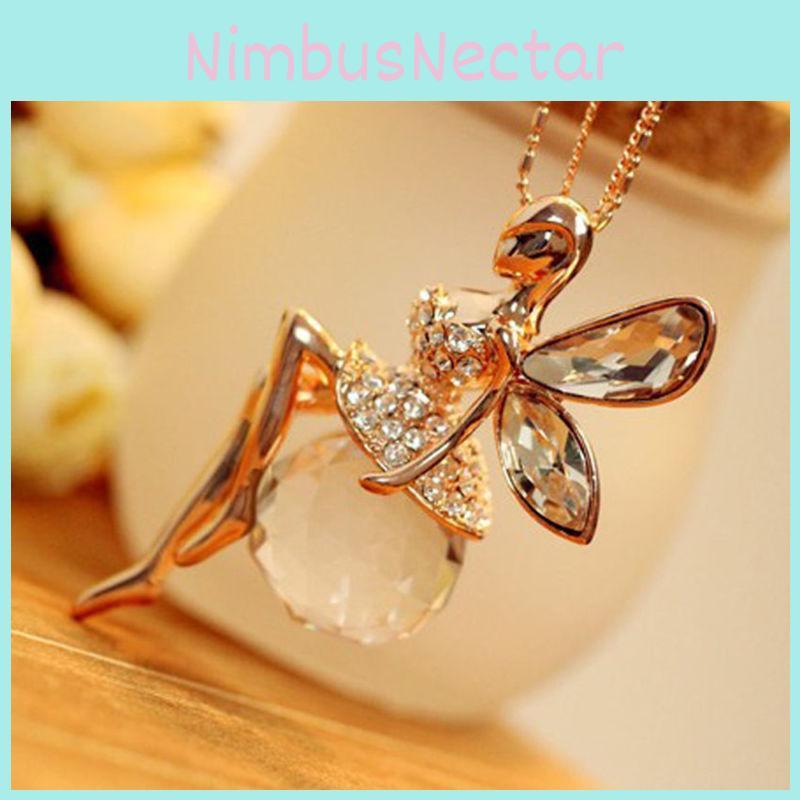 Elegant Fashion Women Crystal Fairy Angel Wing Pendant Long Chain Necklace Gift