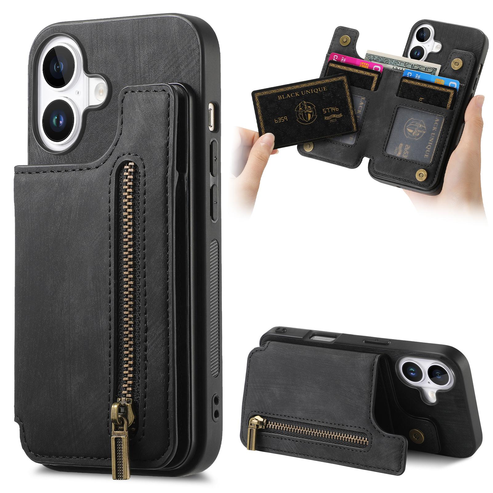 

For iPhone 16 Case with Zipper Card Holder Leather+TPU Phone Cover Black