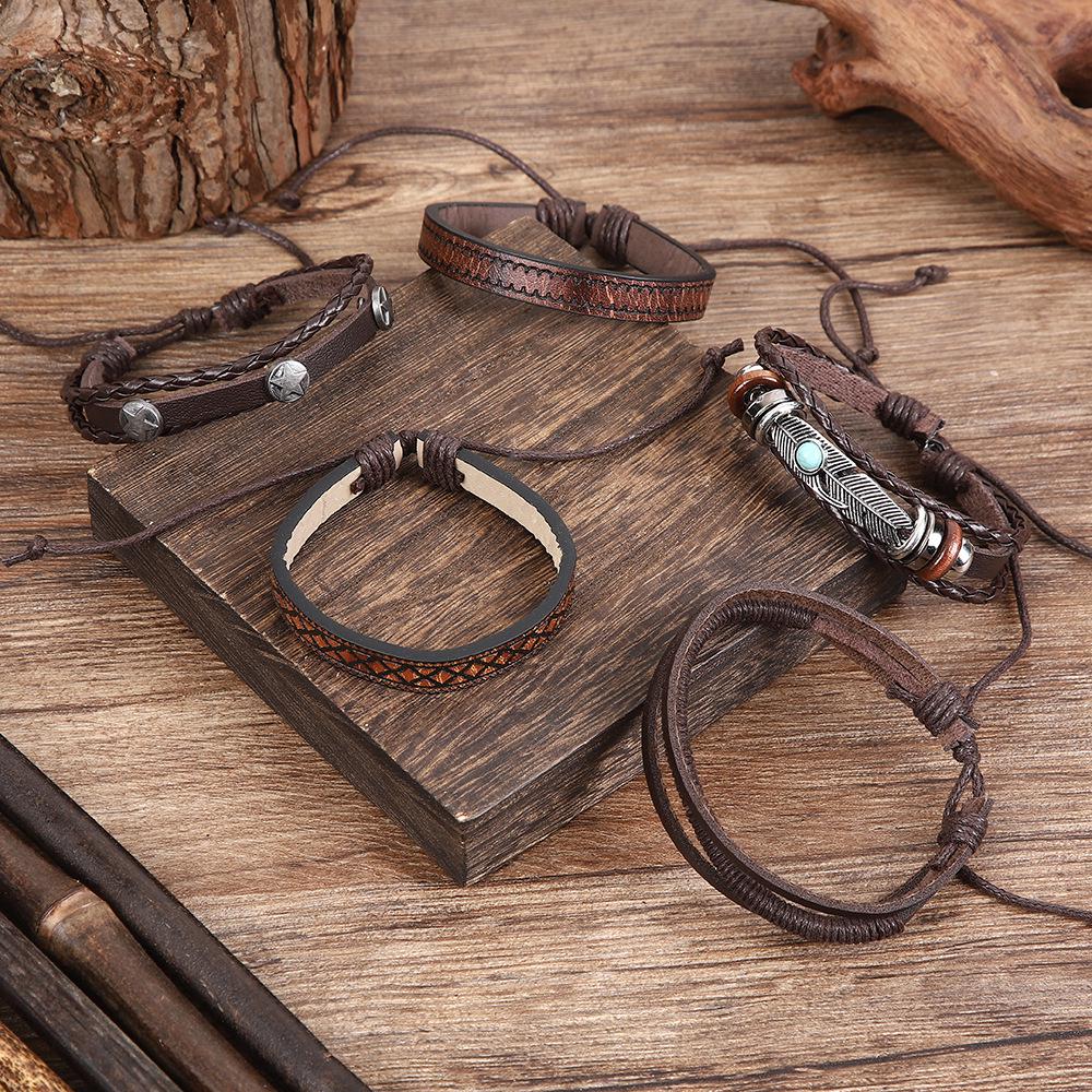 Retro Cowhide Bracelet Set with Tree and Feather Charms