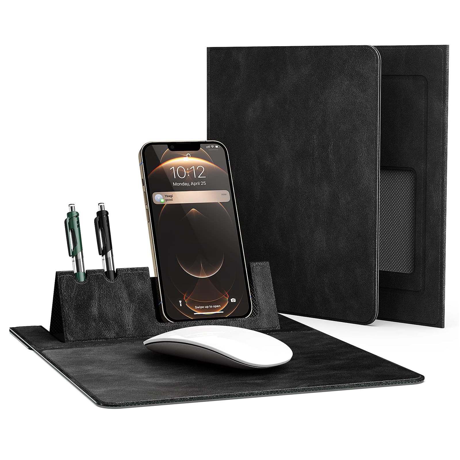 

Складной коврик для мыши Портативный настольный коврик Мышь Коврик для мыши из ПУ кожи с держателем для мобильного телефона Портативный коврик для мыши для жесткого офиса и дома Подставка для ручек Нескользящий чёрный