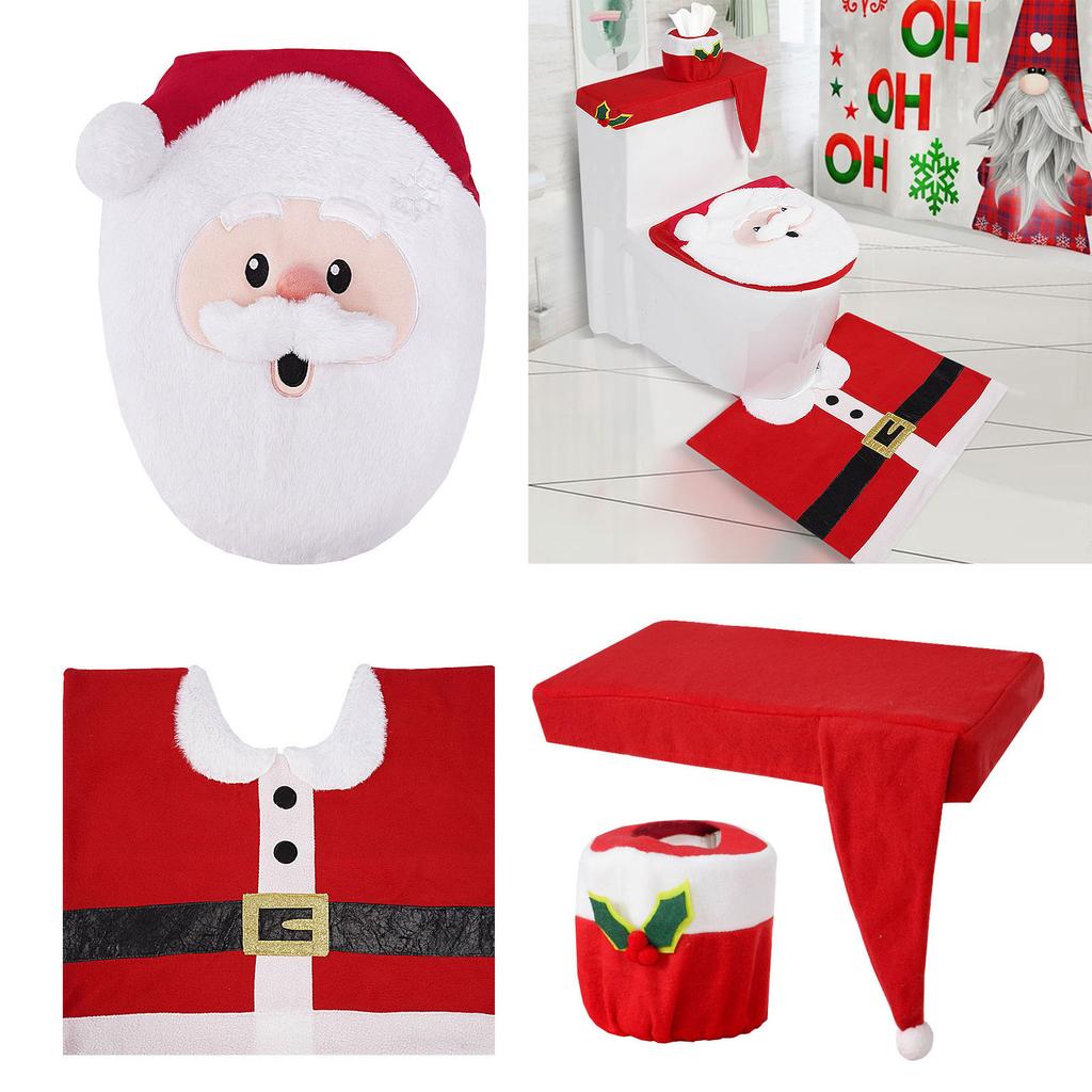 Christmas Bathroom Decoration Set 4Pcs with Toilet Cover Rugs Tank Cover Paper Box Cover Festive Indoor Party Decor