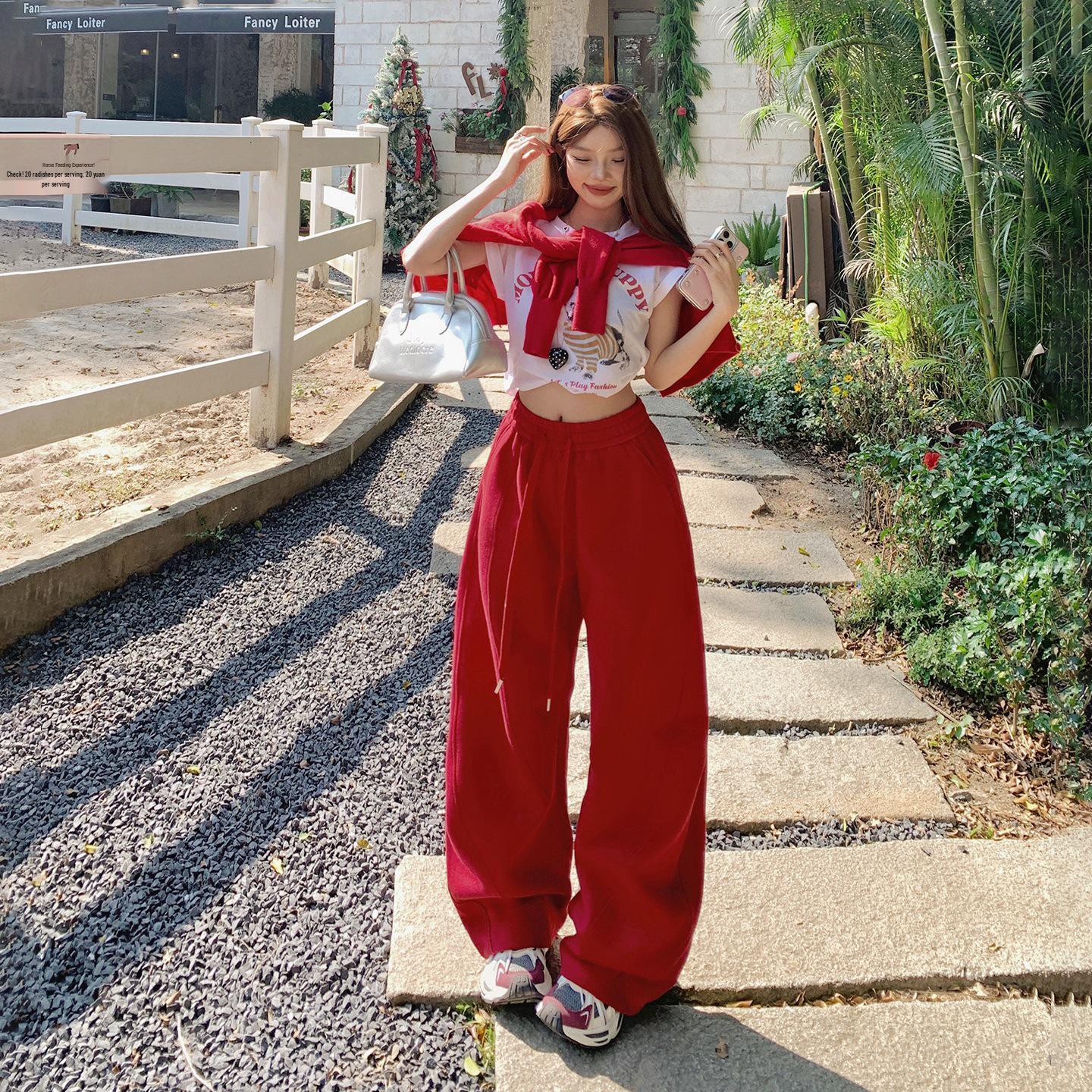2026 Spring American Style High Waist Red Wide-Leg Drawstring Pants - Women s Casual Sportswear. Medium