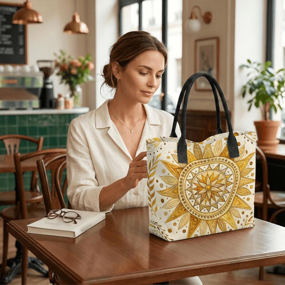  Boho Sun Print Tote Bag Large Capacity Casual Canvas Shoulder Bag for Daily Use