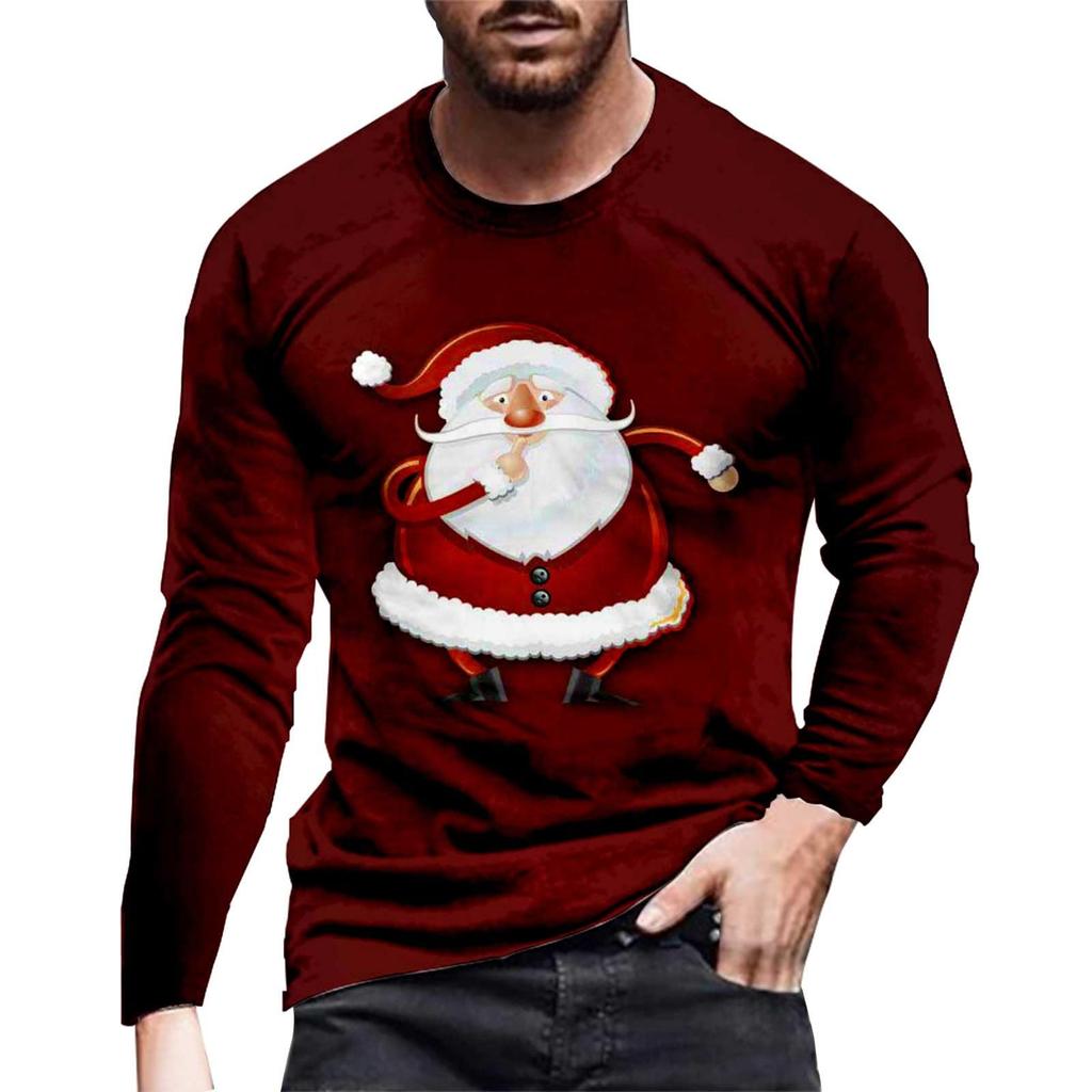 Men's Long Sleeve 3D Printed Santa Claus Cartoon Printed Tops Christmas Party Casual Men's Fashion Round Neck Long Sleeve