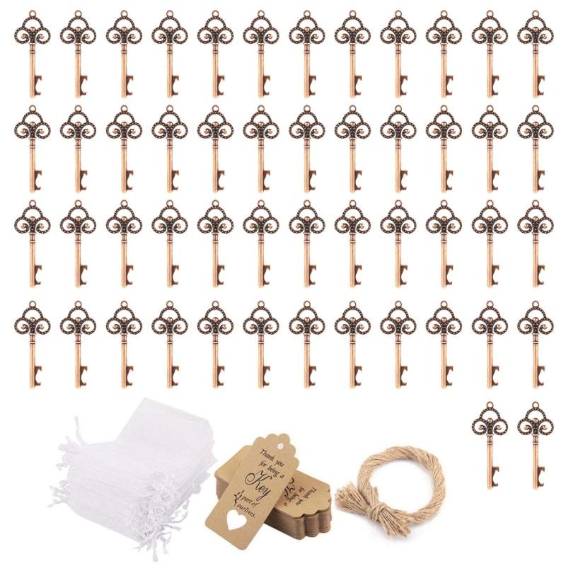 Set da 50 Pezzi Regalo Matrimonio Apribottiglie Chiave Vintage Scatoline Portaconfetti Biglietto di Ringraziamento per gli Ospiti Decorazione Festa di Matrimonio Artigianato Fai da Te