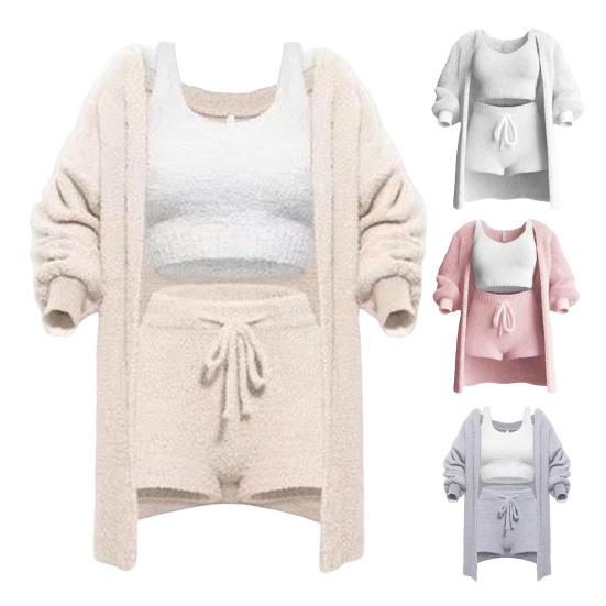 3 Pcs/Set V Neck Set Long Shorts Coat Sleeve Thick Coat Women Vest Sleeveless Top Drawstring