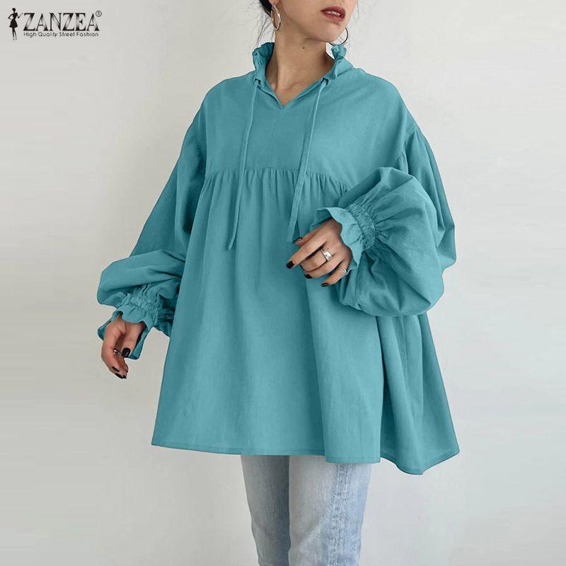 ZANZEA Women Casual Round Neck Loose Puff Long Sleeve Blouse