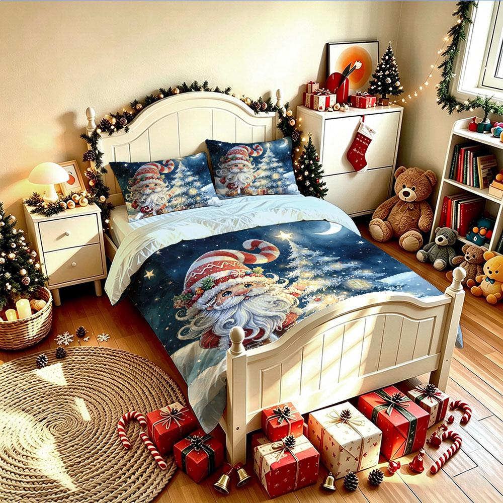 Christmas Duvet Cover Set 3Pcs Santa Claus Xmas Tree Snow Scene Print Bedding Soft Microfiber Comforter Cover