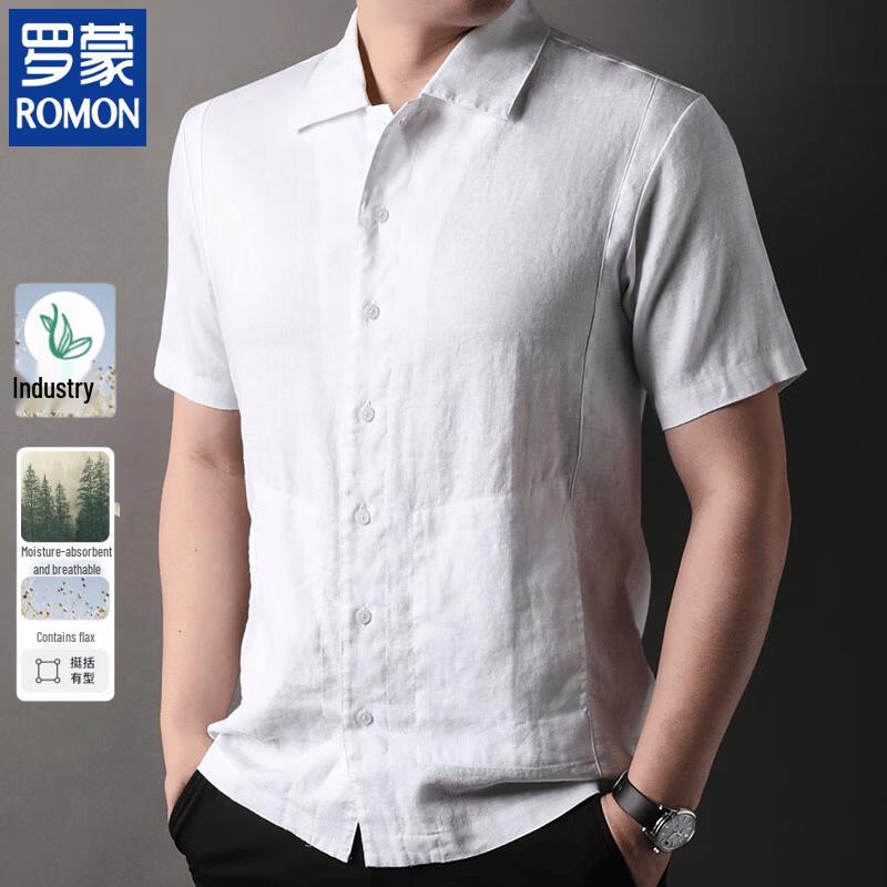 ROMON Men s Linen Mandarin Collar Shirt M
