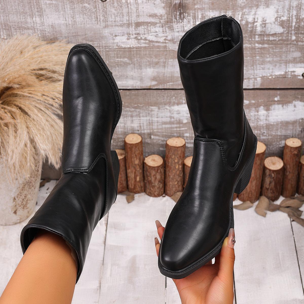 Women Pointed Toe Chunky Heel Back Zipper Fashion Plus Size Boots 36